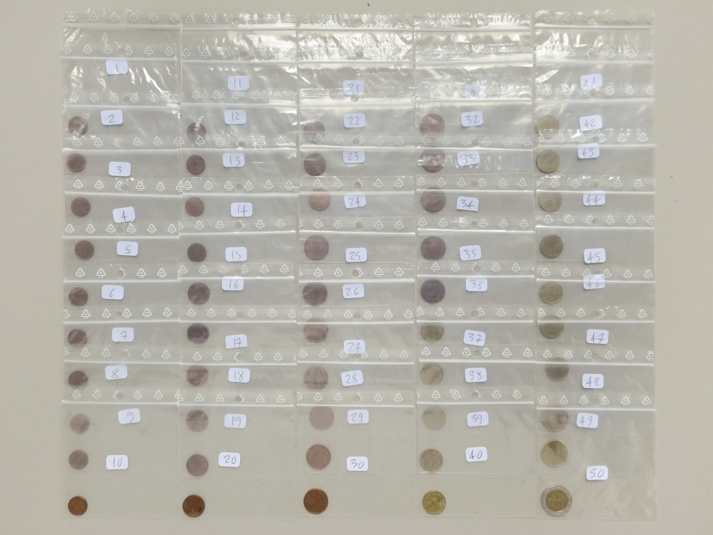 Claude Closky, ‘Vintage European Coins’, 2012, coins, plastic sachets, stickers, ball point pen, dimensions variable.